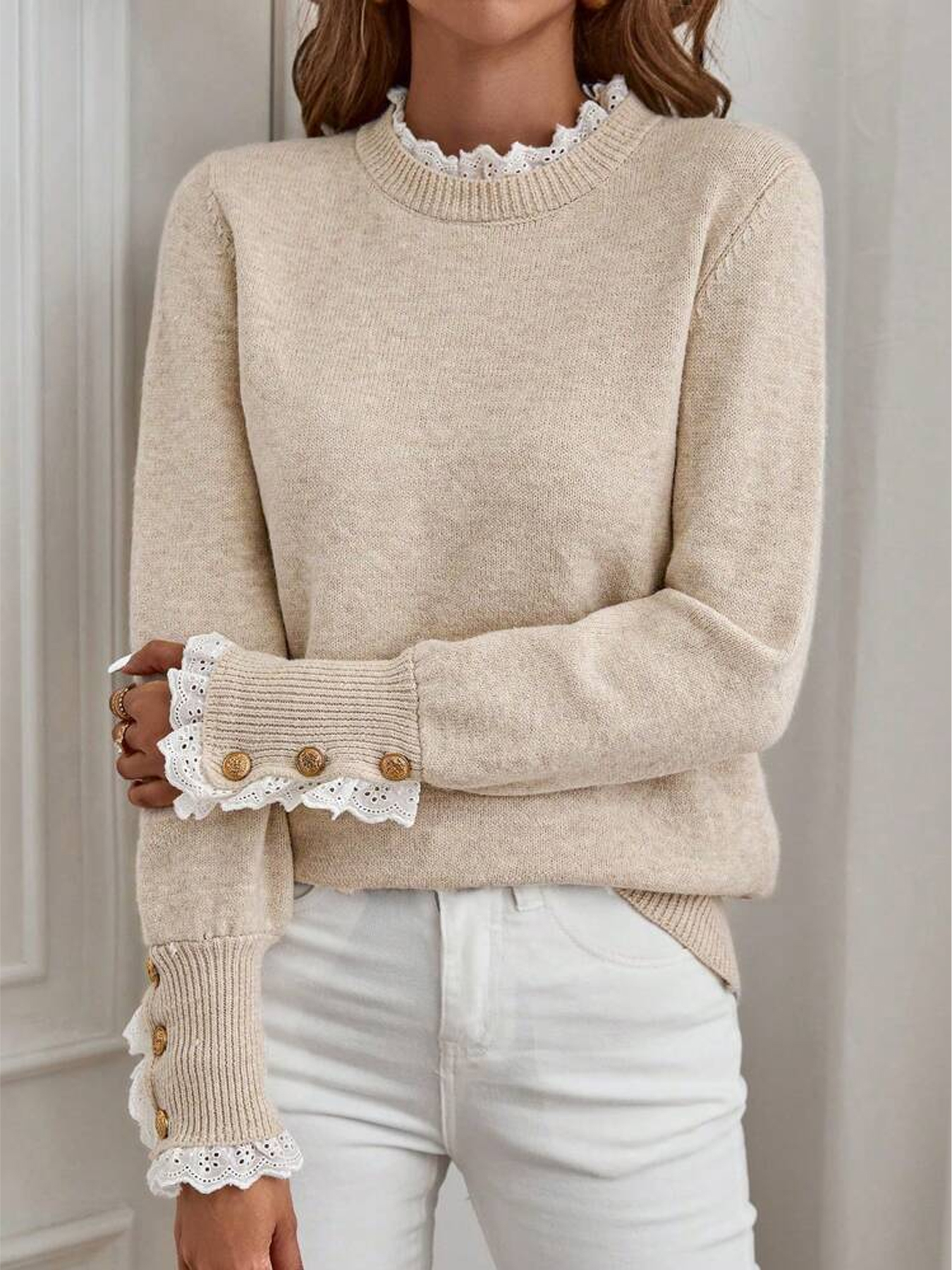 Pull en tricot à manches longues pour femme, décoration en dentelle, col rond, automne-hiver, chaud, tendance, décontracté