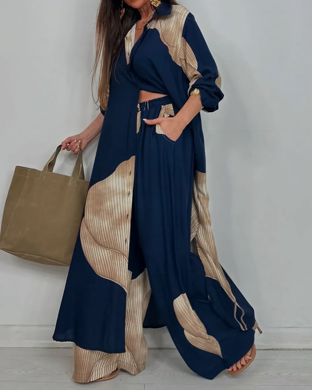 Mode ample imprimé 2 pièces ensemble femmes simple boutonnage Cardigan Robe pantalon à jambes larges décontracté deux pièces tenue femme Robe