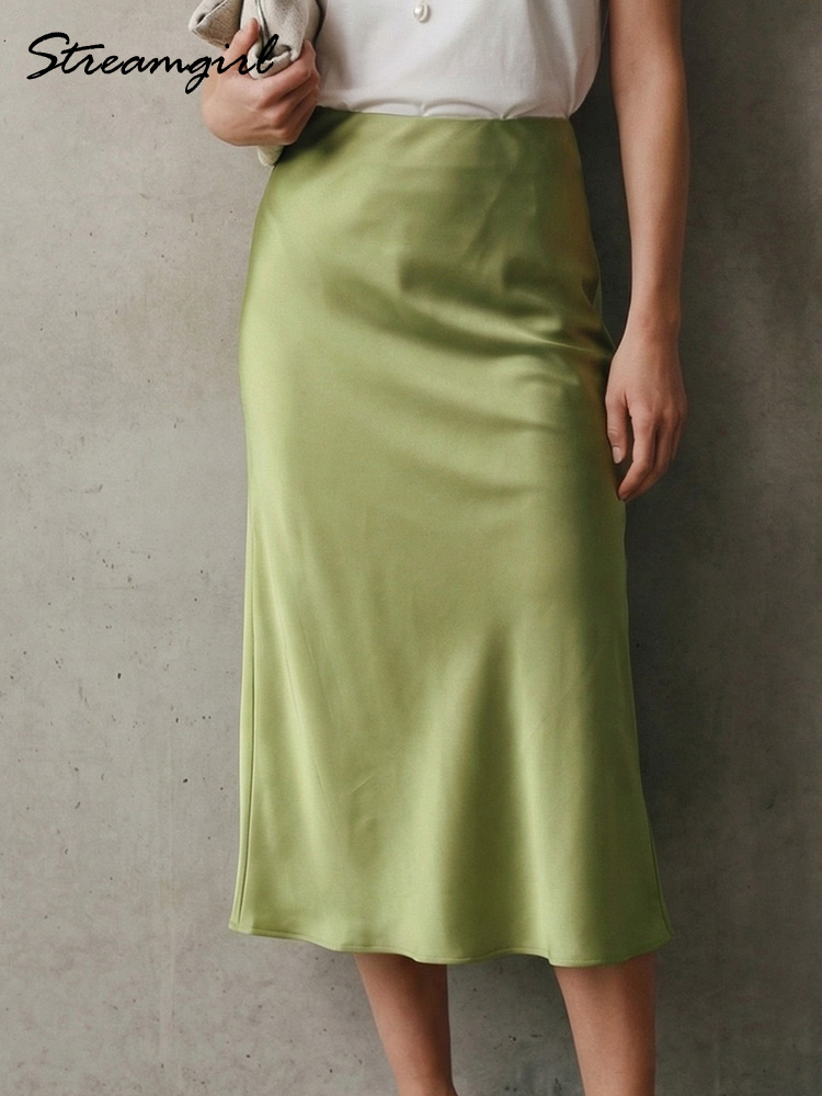 Jupes midi en satin pour femmes, luxueuses, d'été, noires, formelles, en soie, pour le bureau, avec fente, coupe trapèze, vertes, bordeaux, élégantes