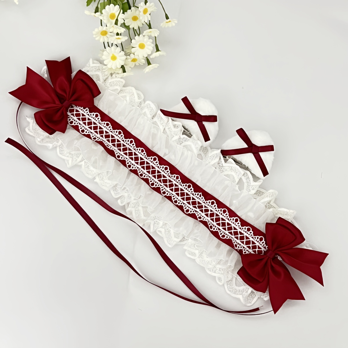 Anime peluche bête oreilles Lolita dentelle bandeau dentelle arc pince à cheveux ​ Coiffe de cosplay de femme de chambre à nœud doux