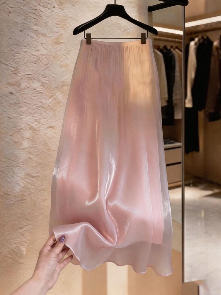 Jupe longue rose élégante pour femme, style doux et tendance, en tissu perlé, coupe ample, taille haute, chic d'été, style preppy, jupe de danse Ins