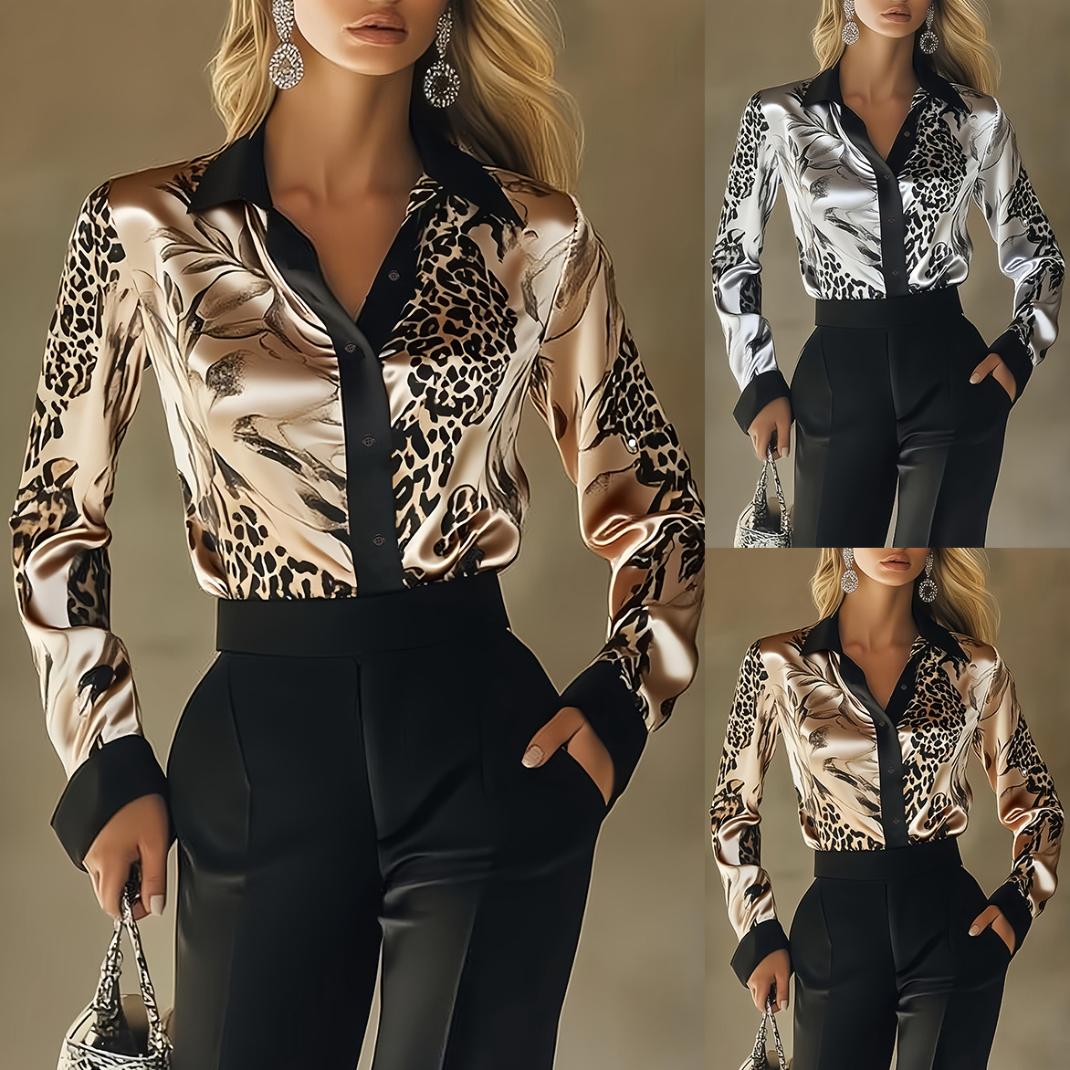 Chemises en Satin pour femmes, mode léopard, chemisier à manches longues, travail, chemise boutonnée, haut féminin, chemises élégantes, chemisiers, automne 2025