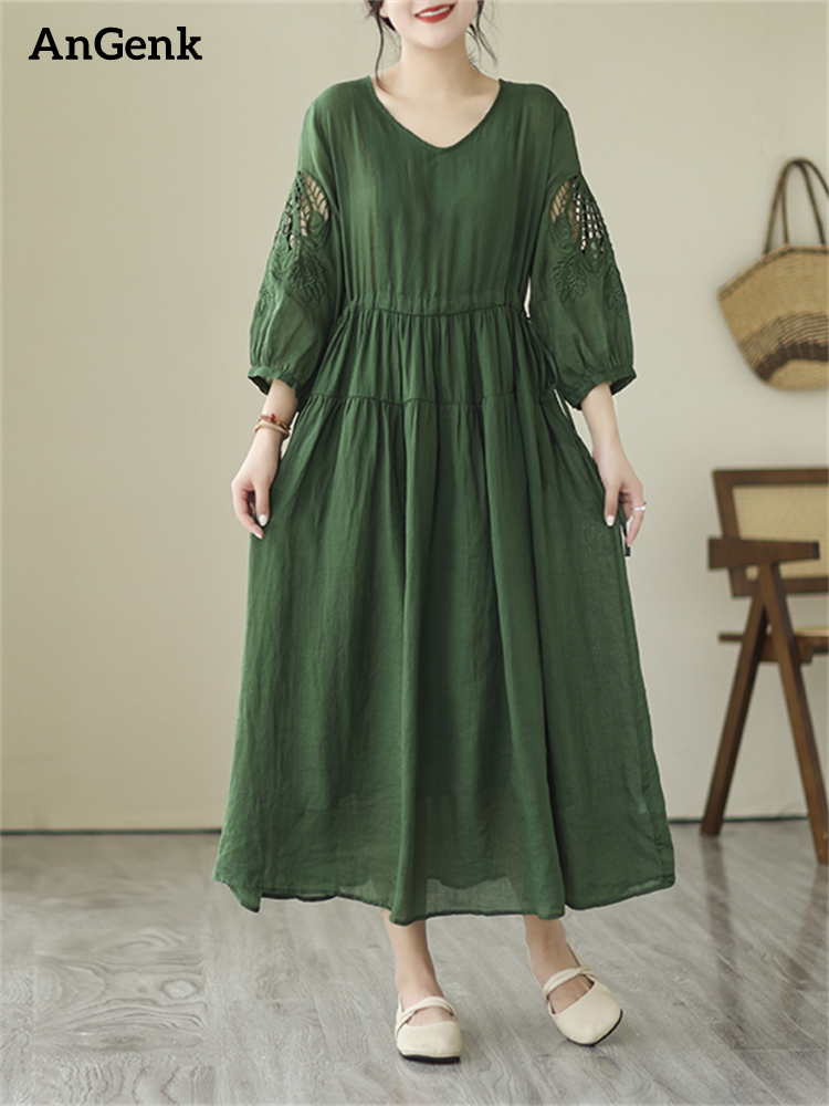 Robes d'été vintage de couleur unie pour femmes 2026 – Robe longue décontractée et respirante, élégante pour le bureau