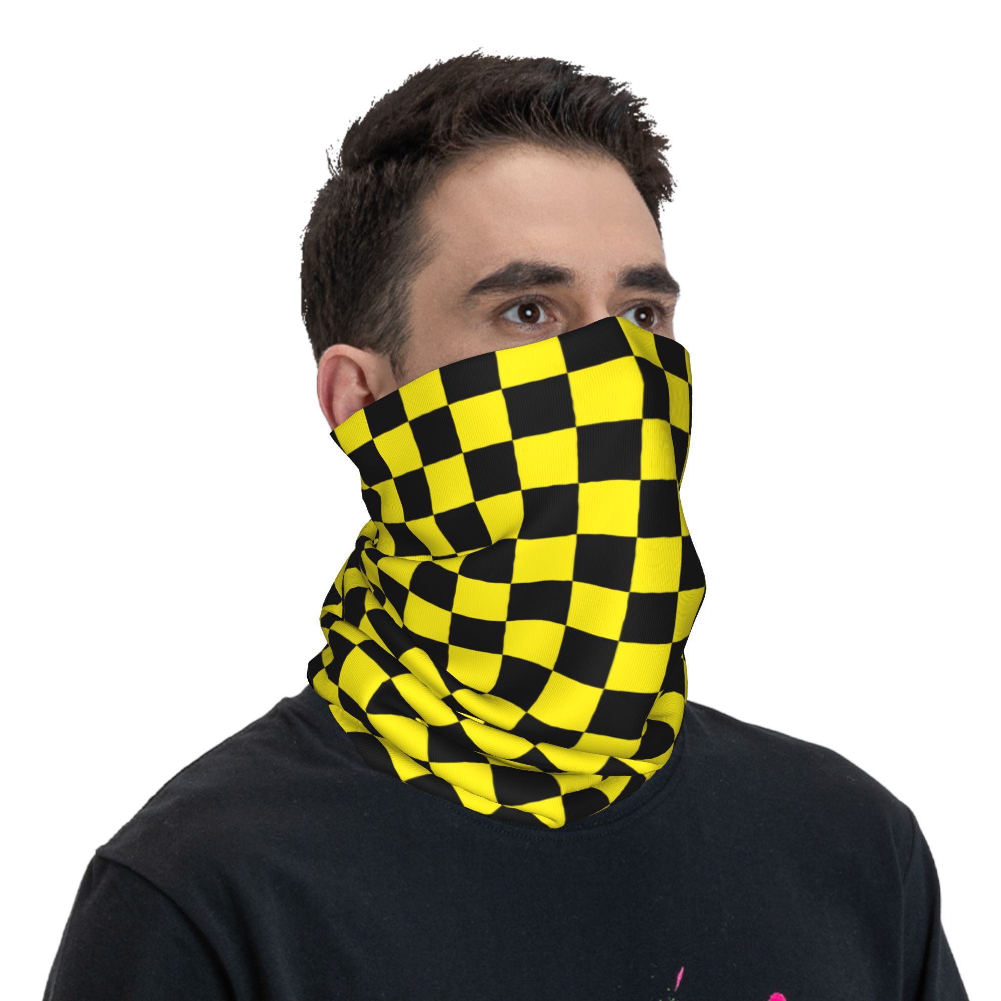 Cache-cou Bandana à carreaux noir jaune personnalisé, pour randonnée Camping hommes et femmes, écharpe enveloppante, bandeau à carreaux plus chaud