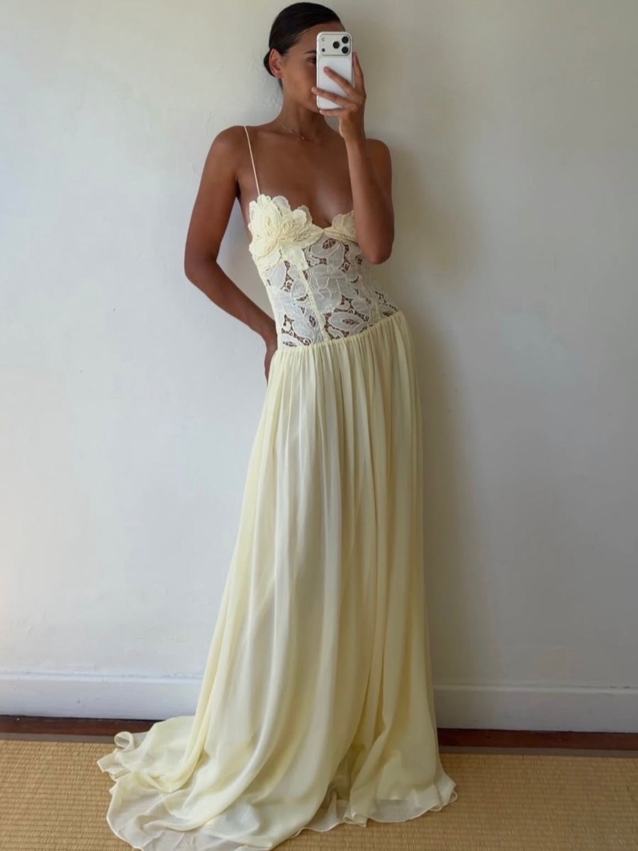 Robe longue élégante pour femme, style vintage, en dentelle et mousseline, pour soirée, mariage, cocktail, bal, nouvelle collection, rose, jaune, bleu