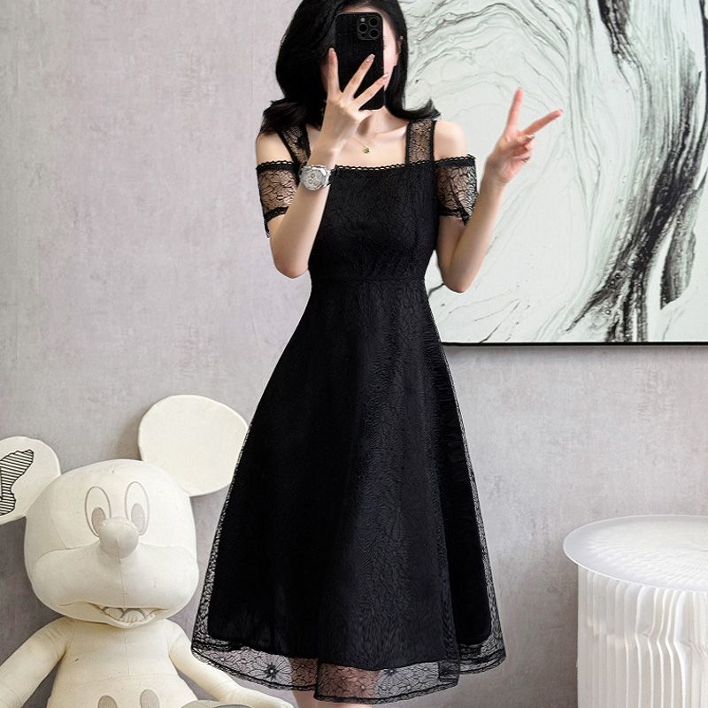 Robe d'été en mousseline pour femme, style coréen, pour le bureau, collection 2026, élégante et décontractée, noire, à épaules dénudées