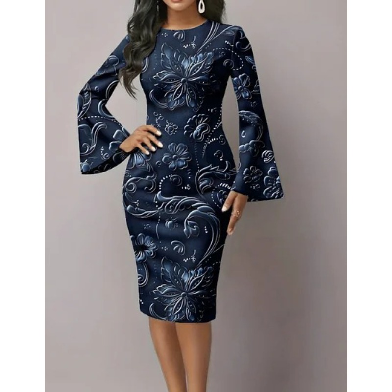 Robe moulante élégante pour femme, motif géométrique turquoise, manches longues, robe midi avec poignets évasés, coupe ajustée, robe de cocktail, robe de dîner