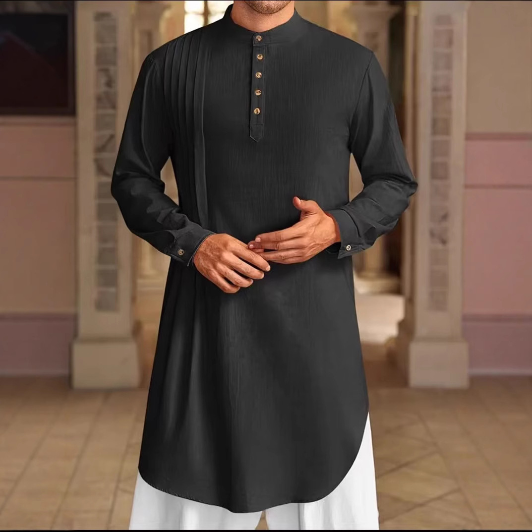 Nouvelle chemise musulmane d'été 2026 pour hommes, style Moyen-Orient, Arabie, Malaisie, en coton et lin, à boutons, robe musulmane, hauts traditionnels à manches longues