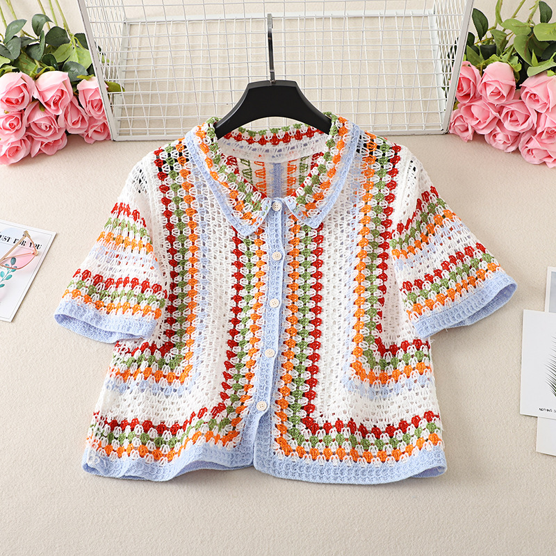 Chemise en crochet boutonnée pour femmes, manches courtes, chemisier coloré, tricot ouvert, cache-maillot, printemps été 2026, style bohème, festival