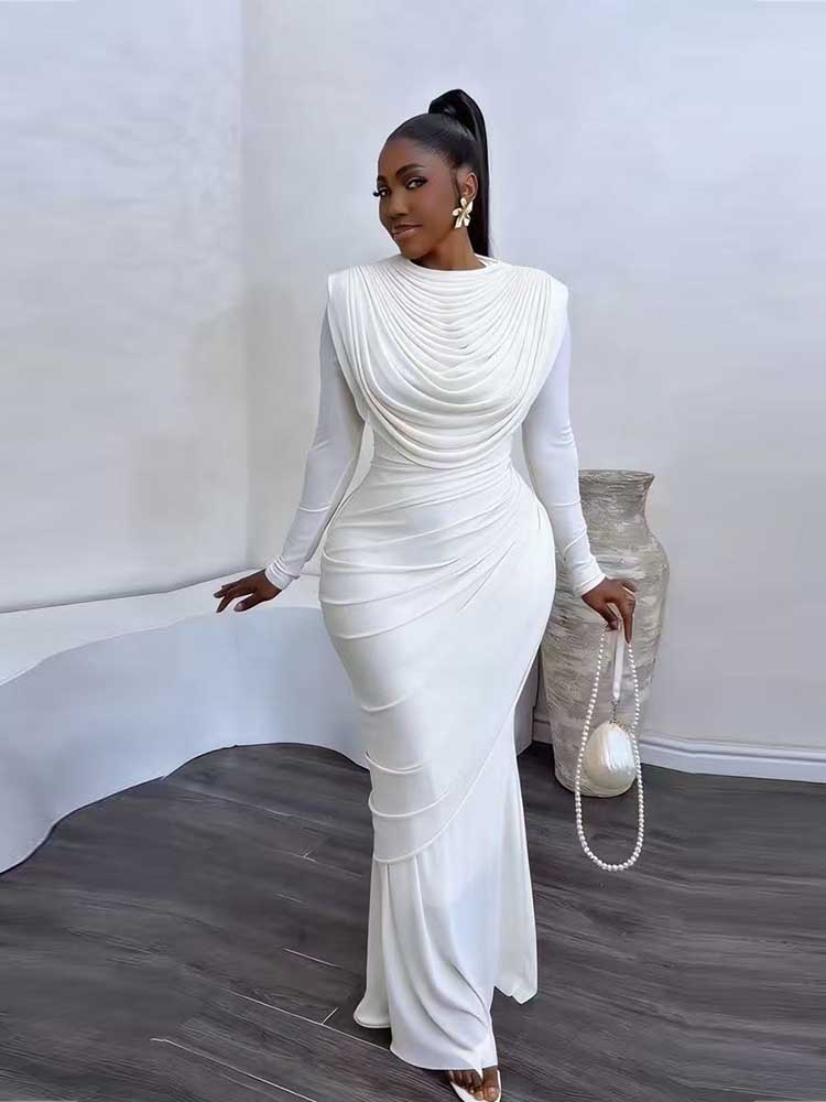 Robe de soirée chic et élégante pour femme, col drapé en maille, manches longues, robe moulante mi-longue, taille haute, robe sexy pour femme