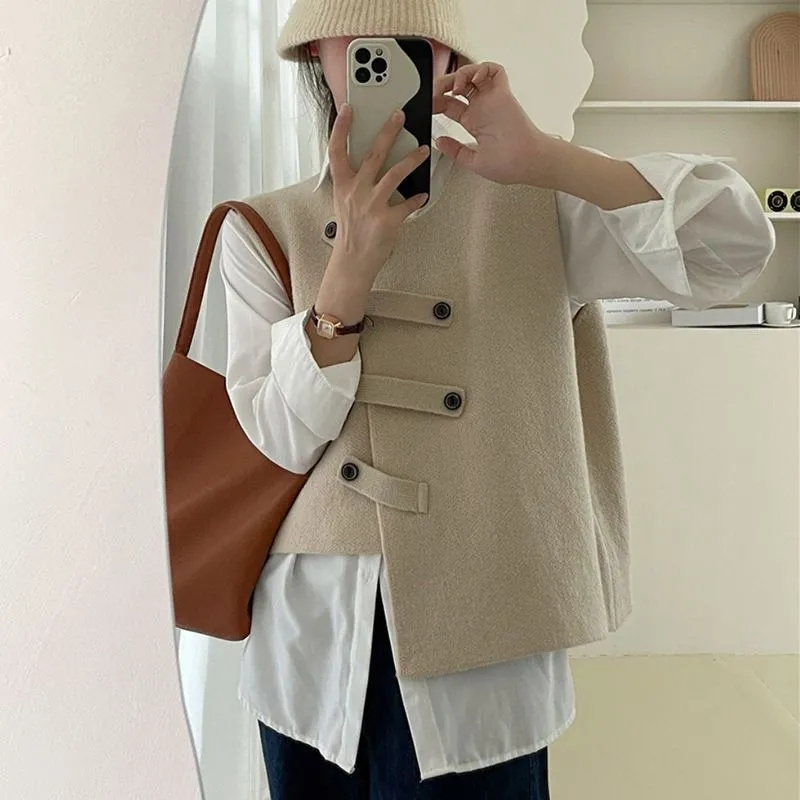 Femmes coréennes col rond gilet Cardigan 2025 dames couleur unie gilet vêtements d'extérieur automne hiver femme irrégulière sans manches manteau