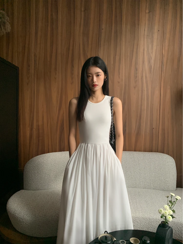 Robe Midi Chic Y2K Femme Printemps-Été Coupe A-Line Élégante Noire et Blanche Style Décontracté et Moulant