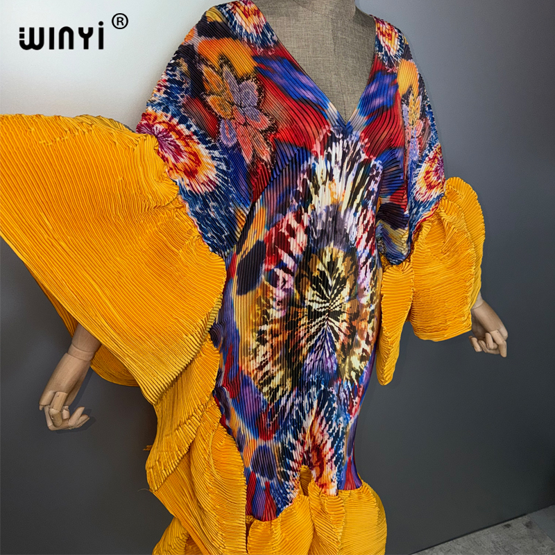 WINYI Robe plissée bohème élastique et ajustée pour femmes musulmanes, tenue de plage, kaftan, abaya, Dubai, luxe, longue, pour les vacances et les soirées