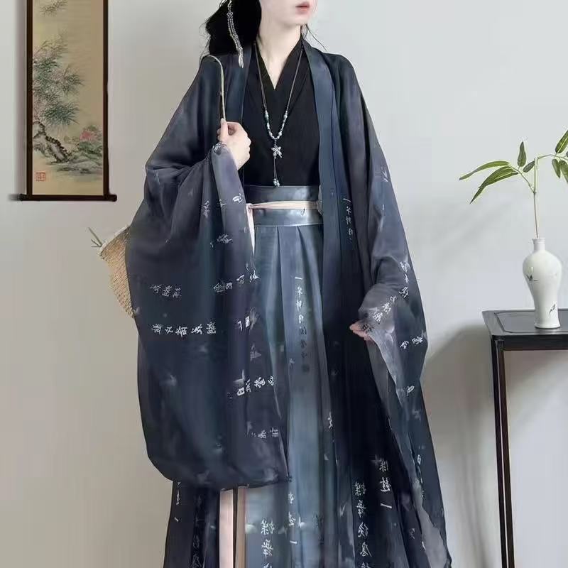 Robe Hanfu originale pour femmes, Costume traditionnel de la période Weijin, chemise confortable en mousseline de soie à manches longues, ensemble jupe, Costume de danse sur scène
