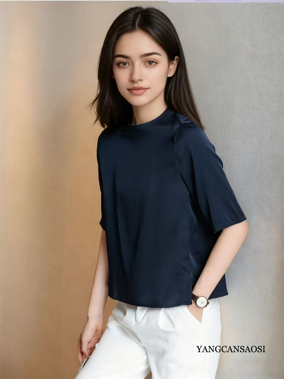 T-shirt à manches mi-longues en Satin élastique pour femmes, vêtements à la mode, haut de gamme, lourd, 91.4% soie de mûrier naturelle, couleur unie