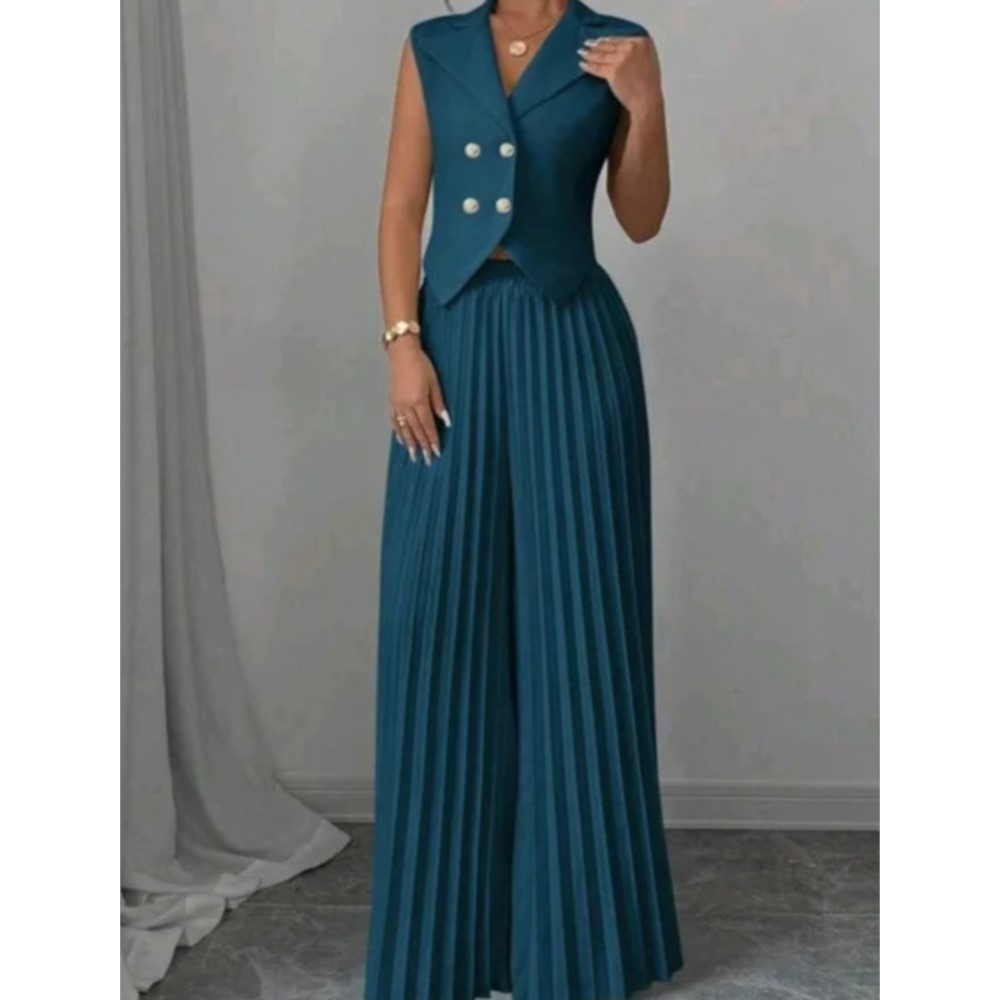 Gilet et pantalon formel élégant pour femmes, 2 pièces, nouvelle mode rétro, jambes larges plissées, amincissant, sans manches, ensemble féminin, printemps