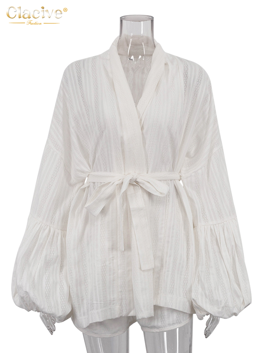 Clacive mode ample blanc coton ensembles pour femmes 2 pièces 2025 élégant manches bouffantes Robes avec taille haute Shorts ensemble femme