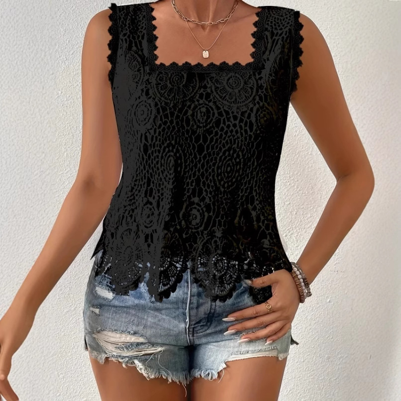 Débardeur Femme Col Carré Sans Manches Dentelle Épissée Y2K Streetwear Élégant Décontracté Travail Coupe Slim Évidé Camisole 2026
