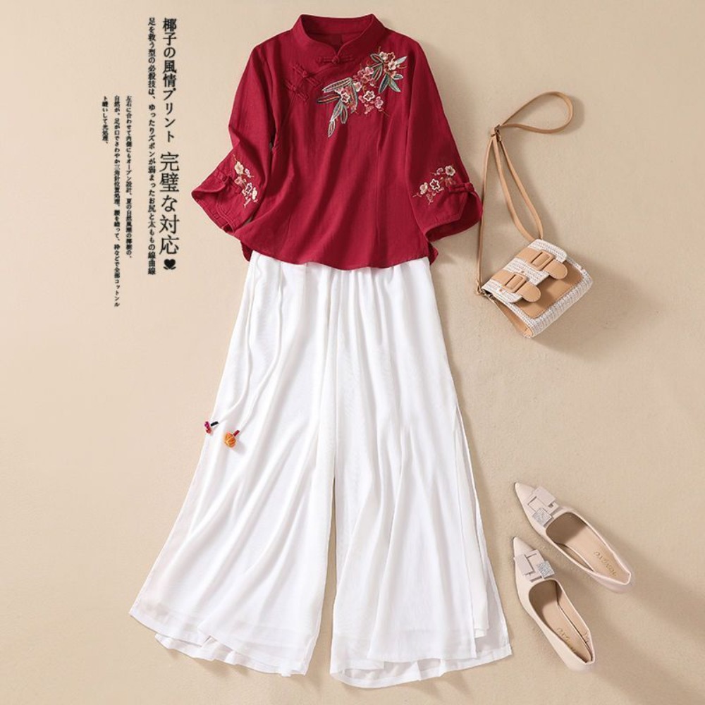 Chemisier d'été décontracté pour femme, style ethnique rétro, en coton et lin brodé, à manches trois-quarts, col mandarin, type chemise de thé chinoise