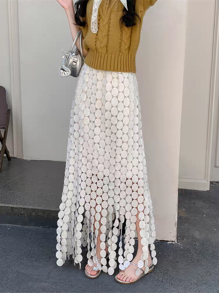 Jupe trapèze taille haute pour femmes et filles, garniture à pampilles ajourée, coupe cintrée, Midi, Style français, jupes d'automne 2025