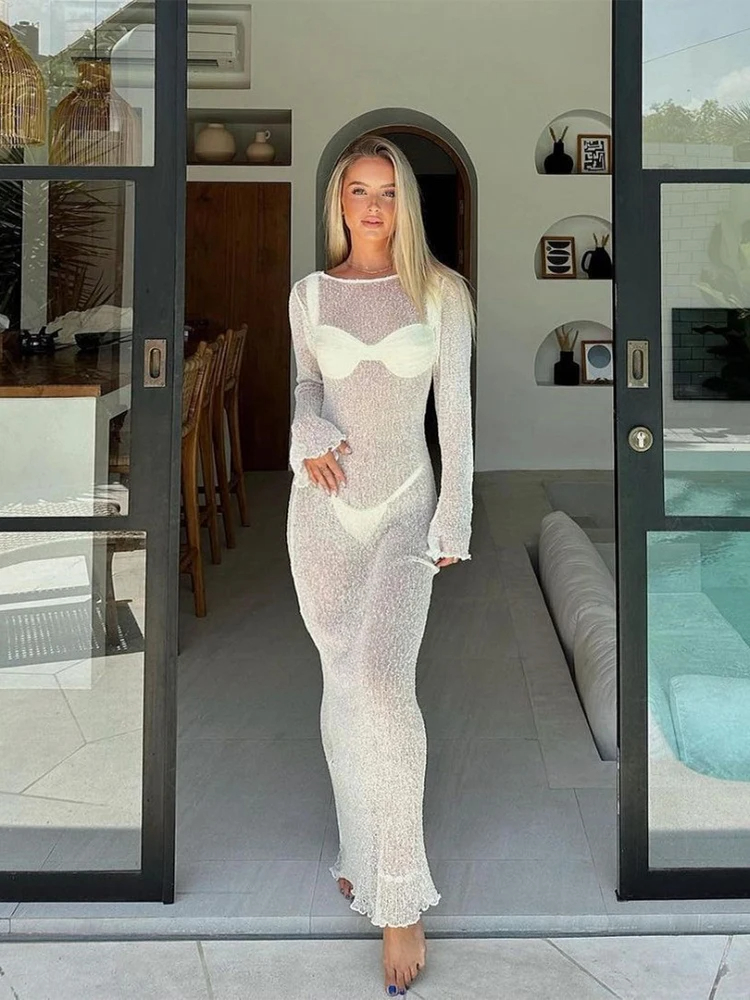 Robe de plage transparente pour femmes, tunique sexy, cover-up, vêtements de plage, été, 2024