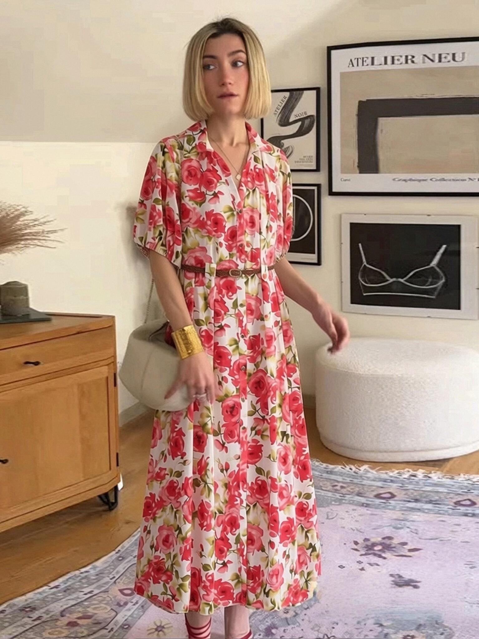 Robes pour femmes, mode féminine d'été, robe à imprimé floral, robe slim avec ceinture, robe chic pour femme, taille haute, col en V, manches courtes bouffantes