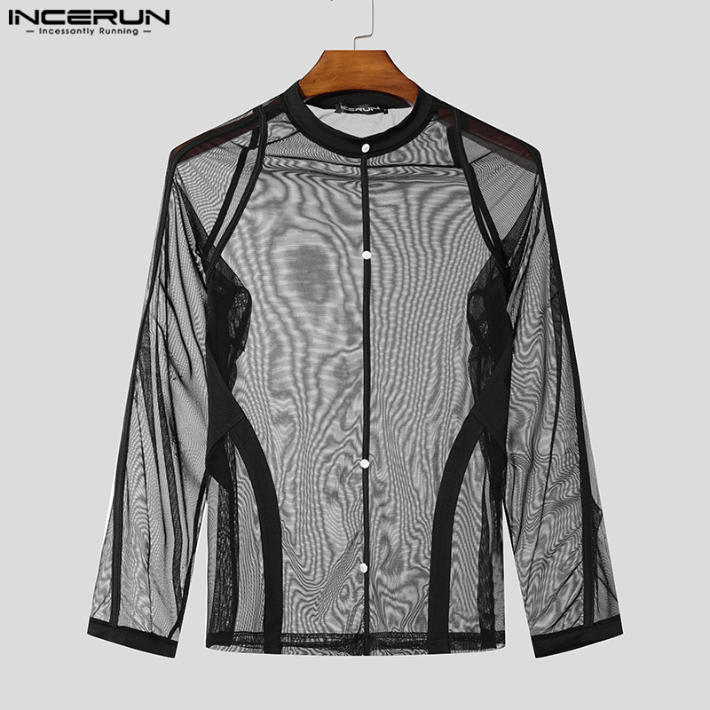 Mode Clubwear Style hauts INCERUN hommes ajustement serré contraste épissage T-shirt Sexy maille transparente mince à manches longues Camiseta