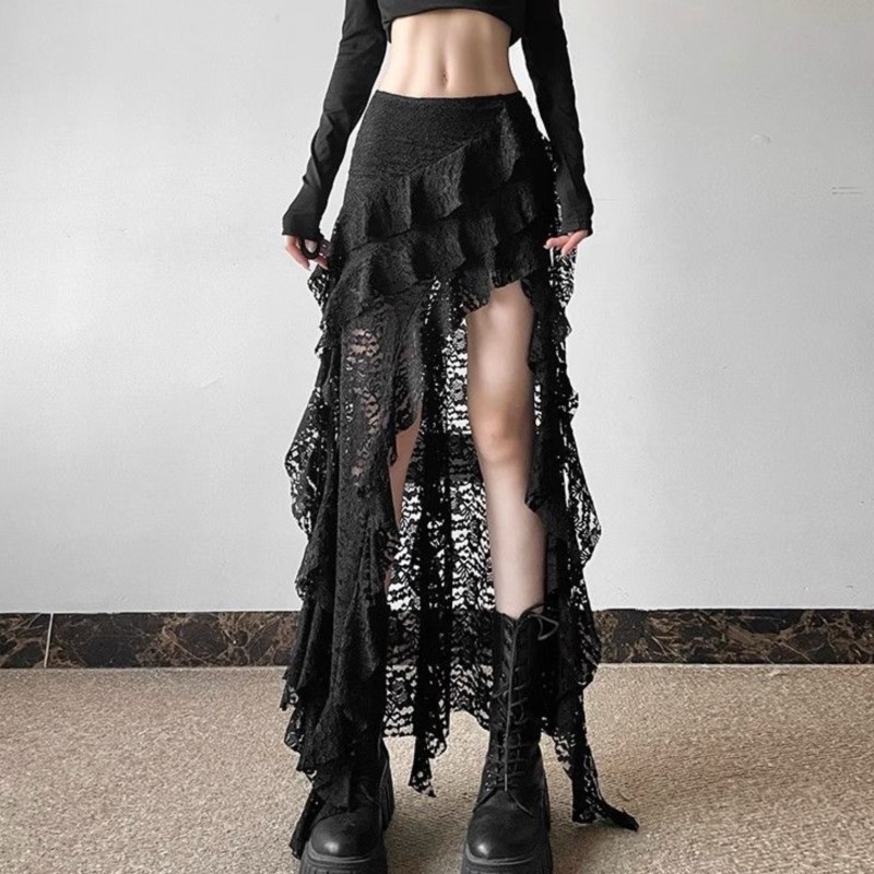 Jupe gothique années 2000, vêtements d'été pour femmes, Gyaru Kpop Streetwear, dentelle, taille haute, décontractée, esthétique, longue jupe, jupe femme, hip hop