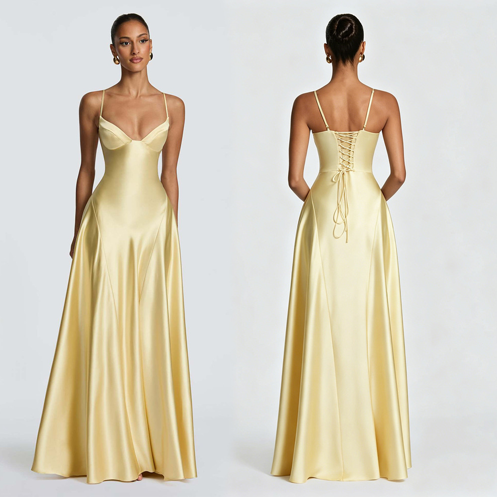 Robe longue en satin, style corset, dos nu, robe maxi décontractée pour femme, robe de soirée, robe d'invitée de mariage, bleu, noir, jaune, blanc, rose, robe de bal