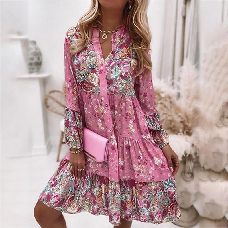Robe trapèze imprimée à manches longues pour femmes, élégante, plissée, décontractée, robe patineuse de plage, manches évasées, col en v, robes mi-longues