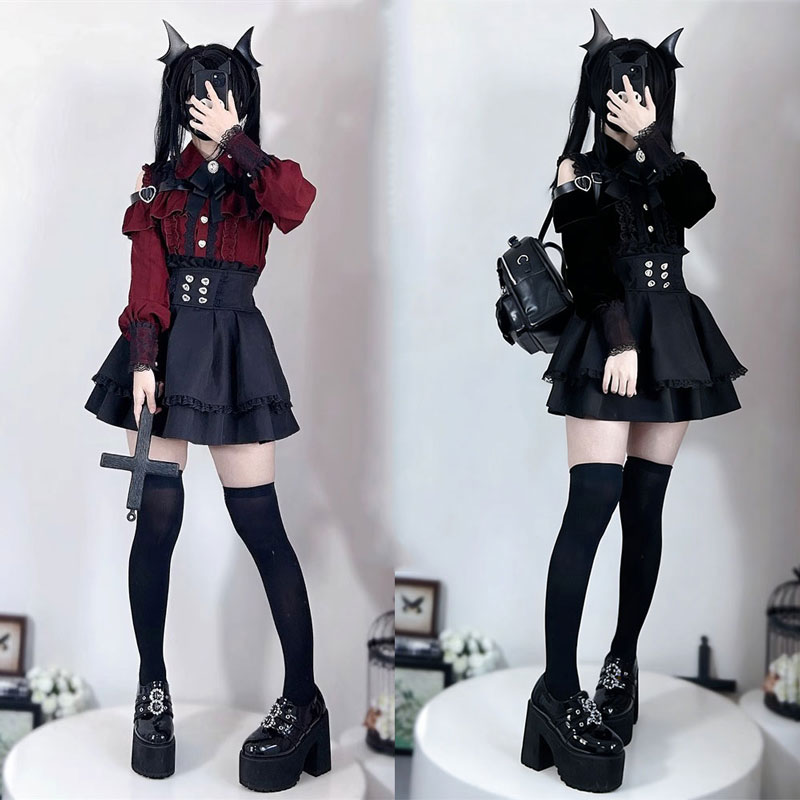 Ensemble chemise et jupe Lolita Jirai Kei pour filles, chemise à manches longues avec nœud Kawaii, jupes noires, style japonais Y2K, ensemble élégant pour femmes