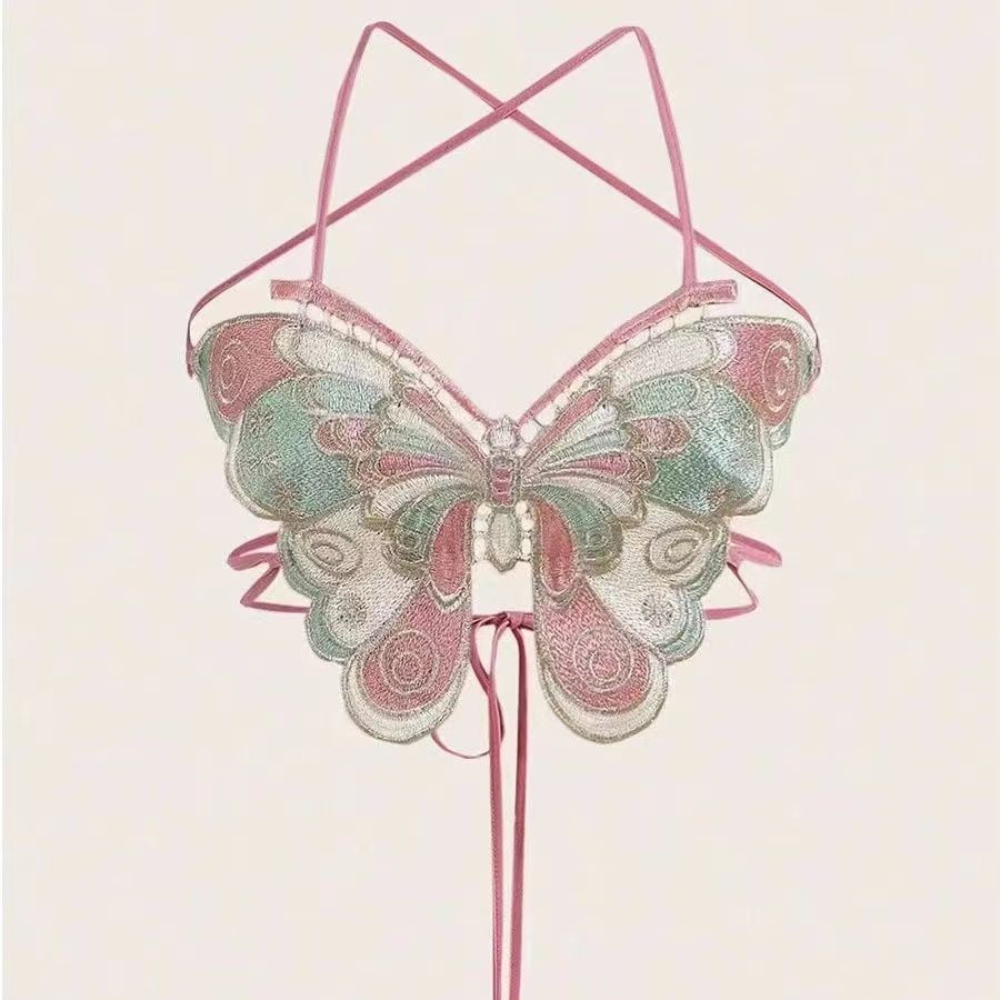 Haut court à col licou brodé papillon pour femmes, dos nu, bretelles sans manches, Camisole Sexy, vacances, bête, été Y2K