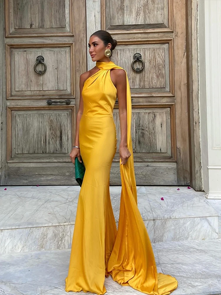 Robe longue dos nu à lacets pour femmes, Maxi, col licou, avec écharpe, couleur unie, sans manches, Slim, élégante, tenue de soirée, nouvelle collection 2024