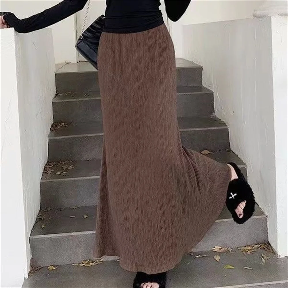 Jupe longue plissée taille haute pour femme, jupes sirène minces, jupes midi vintage, style streetwear féminin, mode élégante, marron, 2025