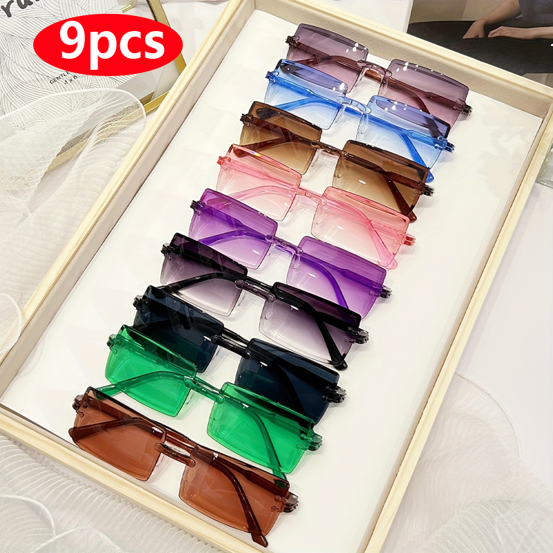 Lunettes de soleil rectangulaires à la mode pour femmes et hommes, nuances décoratives pour documents bonbons mignons pour les vacances, les fêtes à la plage, lunettes UV400, 9 pièces
