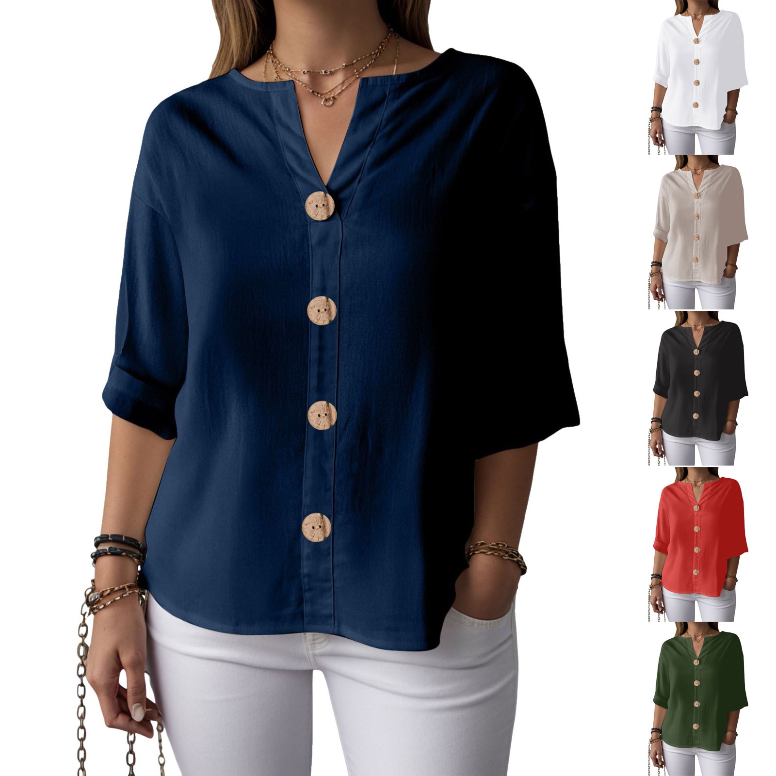 Chemisier en mousseline pour femme, chemisier d'été en coton et lin, chemise longue élégante unie, t-shirt pour adolescentes, chemisiers et blouses à manches 3/4 pour femme