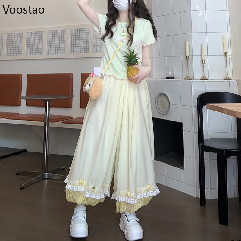 Pantalon Style japonais Kawaii Lolita pour femmes, avec nœud doux, en dentelle, à volants, Plaid, Patchwork, bouffant, décontracté, ample, Y2k, automne