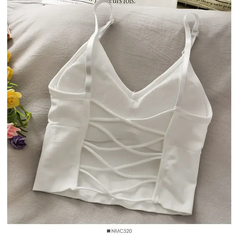 Débardeur Sexy pour femmes, soutien-gorge intégré, couleur unie, haut court, épaules dénudées, Camisole sans manches, nouvelle collection 2024