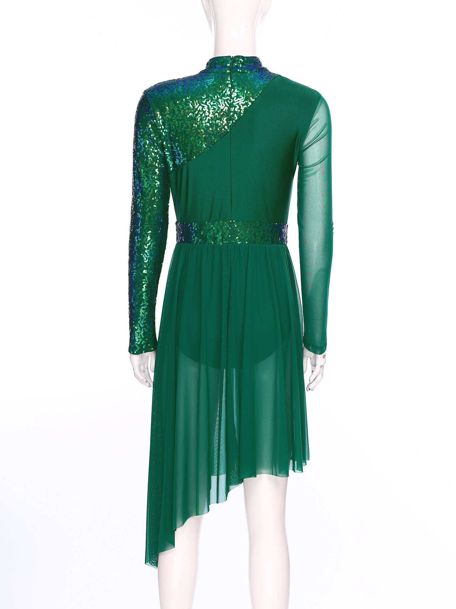 Robe lyrique pour femmes, robe de Ballet, manches longues, paillettes brillantes, ourlet irrégulier, justaucorps de danse, vêtements de danse pour spectacle sur scène