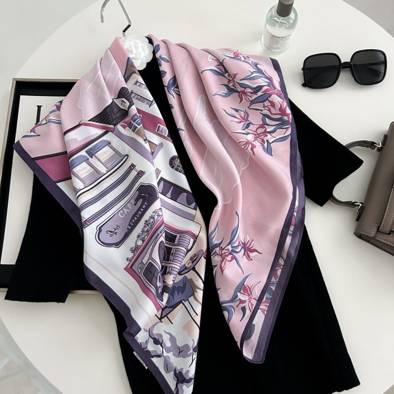 Nouvelle Écharpe en Soie pour Femme, Texture Soie Imitée, Imprimé Tendance, Violet Élégant, 90 x 90 cm, en Twill, Douce pour la Peau