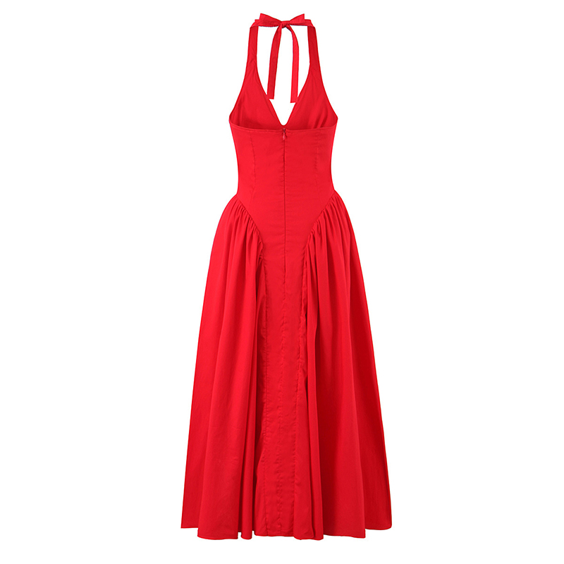 YENKYE rouge élégant mince robes de soirée femmes Sexy dos nu taille basse a-ligne Midi longue Robe licou Robe en coton