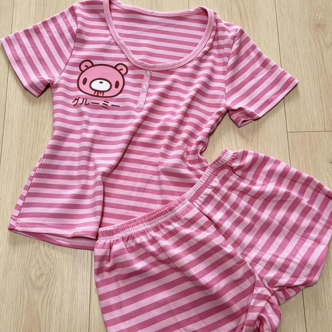 Ensemble 2 pièces japonais pour femme : T-shirt à manches courtes motif ours de dessin animé + Short ajusté à taille élastique, style Y2K Lounge rayé
