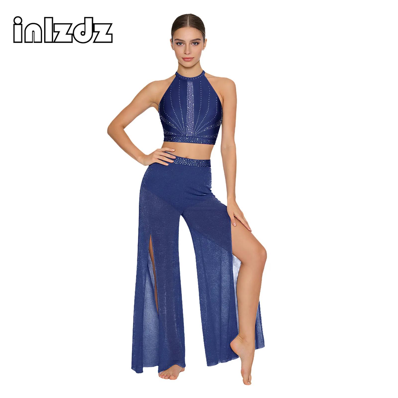 Tenue de danse lyrique moderne pour femmes, débardeur sans manches avec strass et pantalon en maille scintillante pour spectacle sur scène