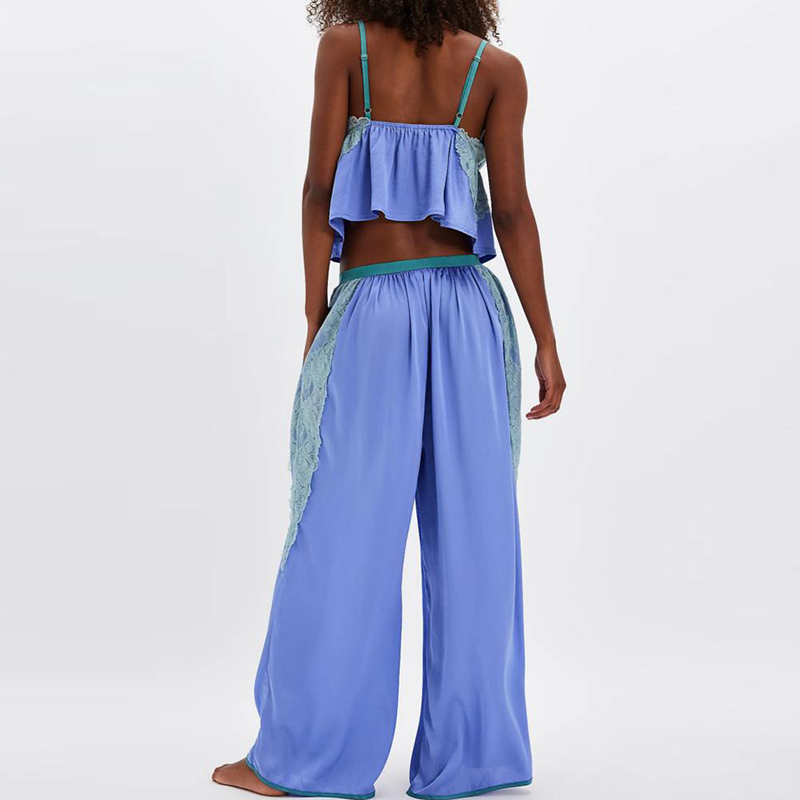 Ensemble décontracté d'été 2026 pour femme : Haut sans manches col en V et pantalon, couleur unie simple avec patchwork de dentelle, deux pièces