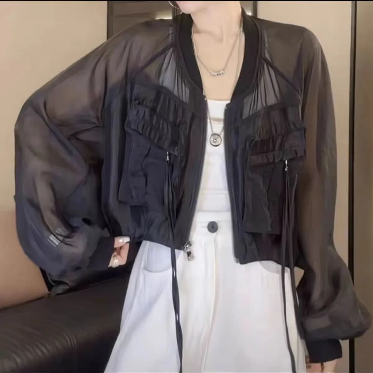 Blouson de baseball pour femme, nouvelle collection, col montant, broderie dentelle, protection solaire, coupe ample, confortable et minimaliste