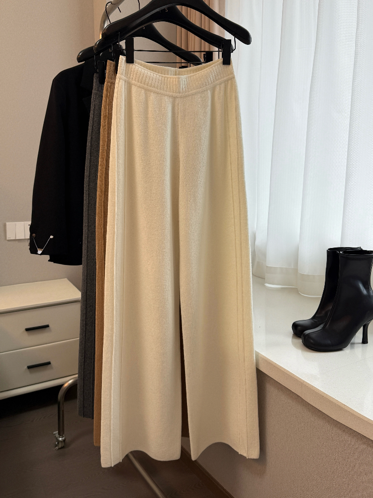 Pantalon à jambes larges tricoté en cachemire pour femmes, taille haute, Style drapé, épais, longueur au sol, adapté aux vêtements d'extérieur