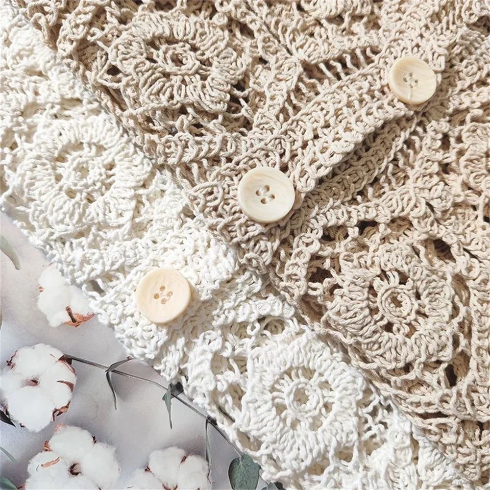 Cardigan en coton et dentelle pour femme, petit châle, col rond, manches longues, couleur unie, décontracté, ajouré, printemps et été, 2024