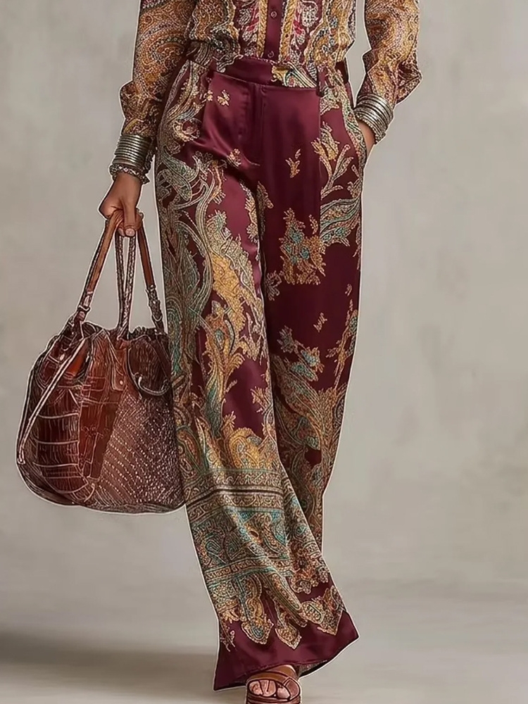 Ensemble deux pièces pour femmes en satin, imprimé paisley rétro, chemise à col à revers et manches longues, pantalon large à taille haute, ensemble décontracté pour les vacances.