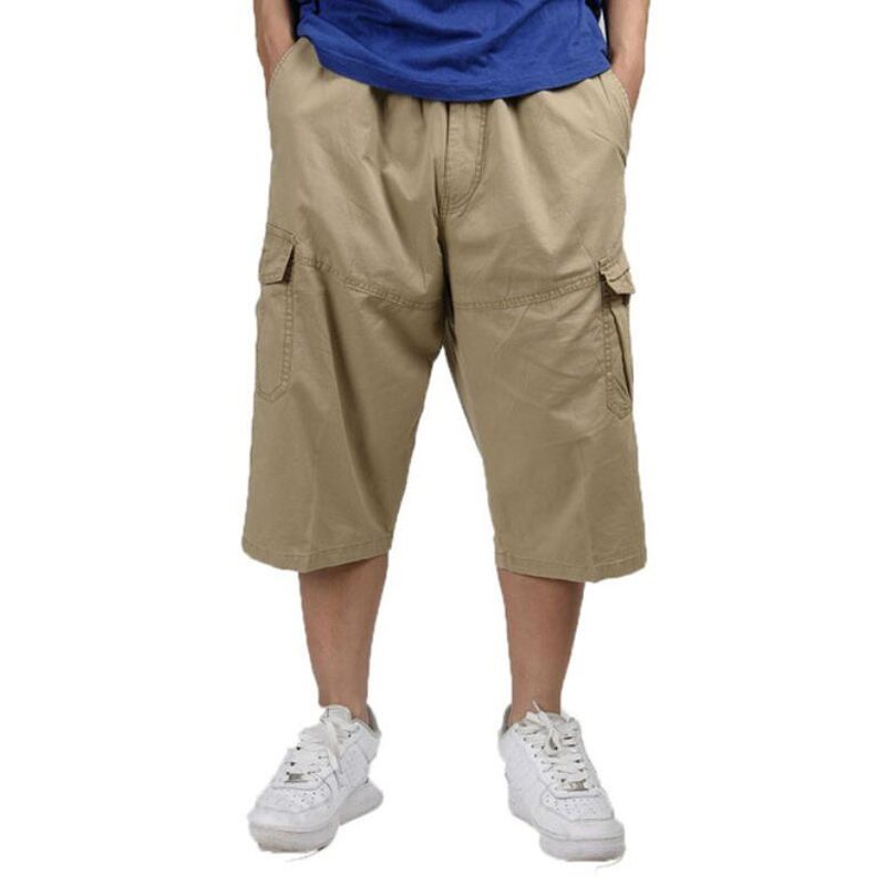 Pantalon ample en coton pour hommes, baggy cargo, longueur aux genoux, style décontracté, kaki, grandes tailles 3xl, 4xl, 5xl et 6xl