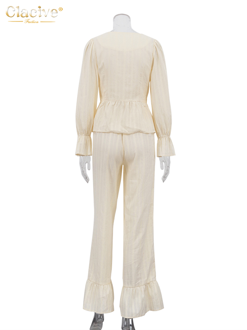 Clacive mode ample Beige coton 2 pièces ensemble femmes élégant à manches longues chemise avec taille haute large pantalon ensemble femme vêtements